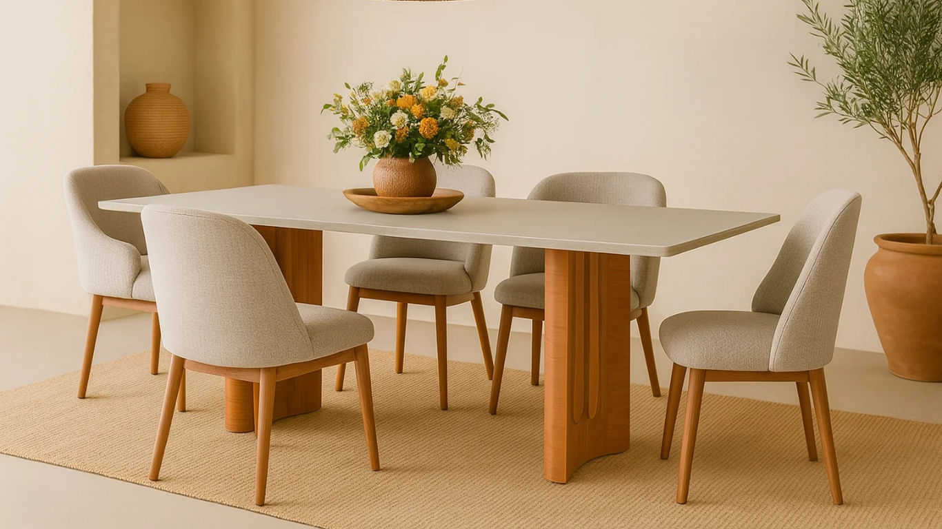 Comedor luminoso con mesa rectangular gris claro y patas de madera curva, rodeada de sillas tapizadas en beige y decorada con un florero de cerámica terracota.