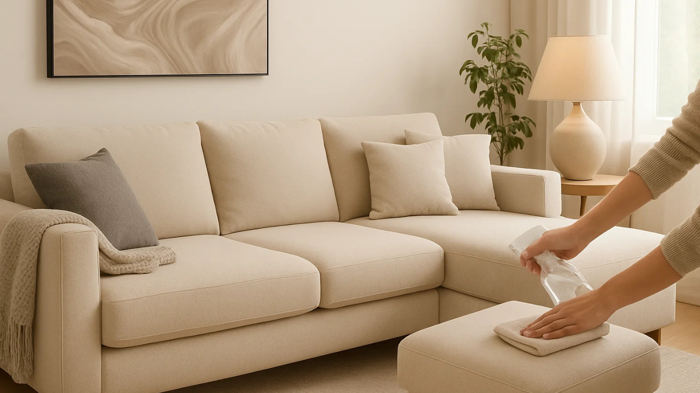 Sala moderna iluminada con sofá beige grande y decoración neutra sin texto superpuesto.