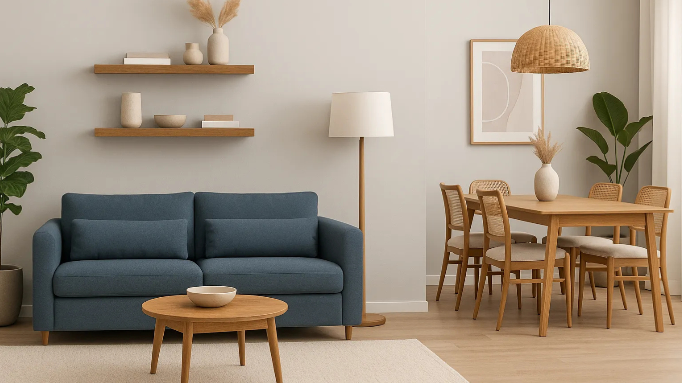 Espacio integrado de sala y comedor con muebles de madera y decoración moderna en tonos neutros.