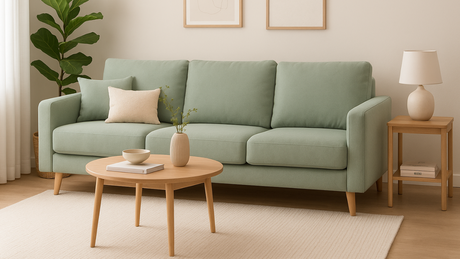 Sofá moderno en verde salvia en una sala luminosa con muebles de madera clara y decoración minimalista.
