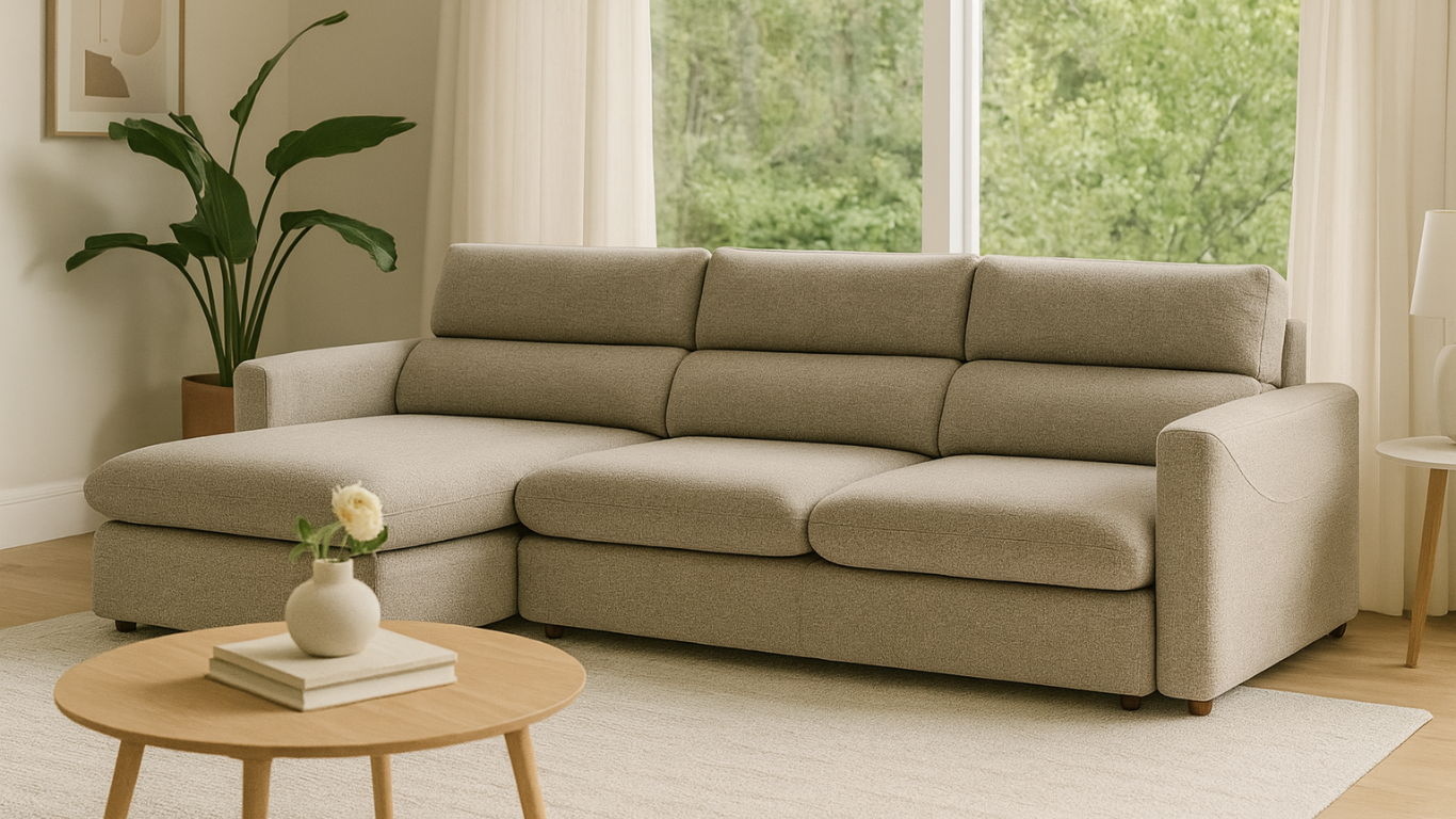 Sofá modular moderno beige en sala iluminada con vista a la naturaleza y decoración minimalista.