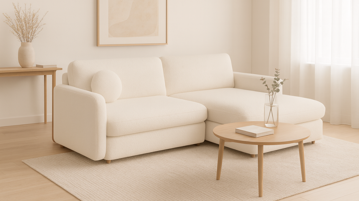 Sofá modular en tela bouclé color crema con cojín decorativo redondo, ubicado en sala moderna con mesa de centro de madera, consola decorativa y cortinas blancas.
