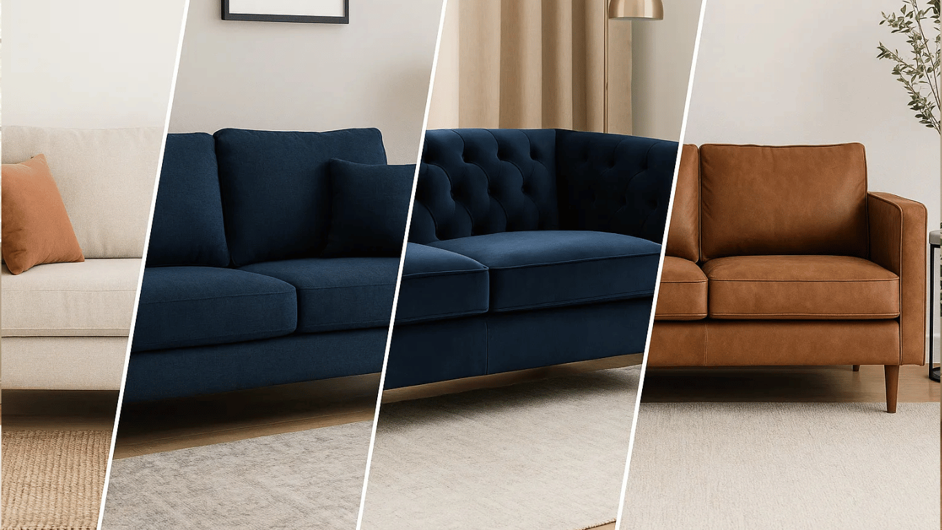 Composición de cuatro sofás con distintos tapizados: lino, tela, terciopelo y cuero ecológico en ambientes decorados