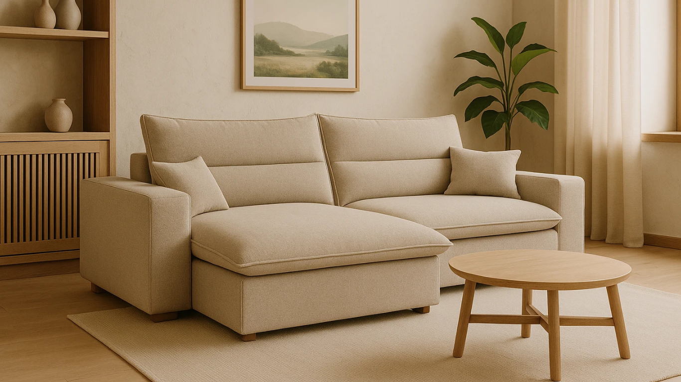 Sofá moderno en sala estilo Japandi, con mesa de centro de madera clara, alfombra beige y decoración minimalista con plantas y estantería.