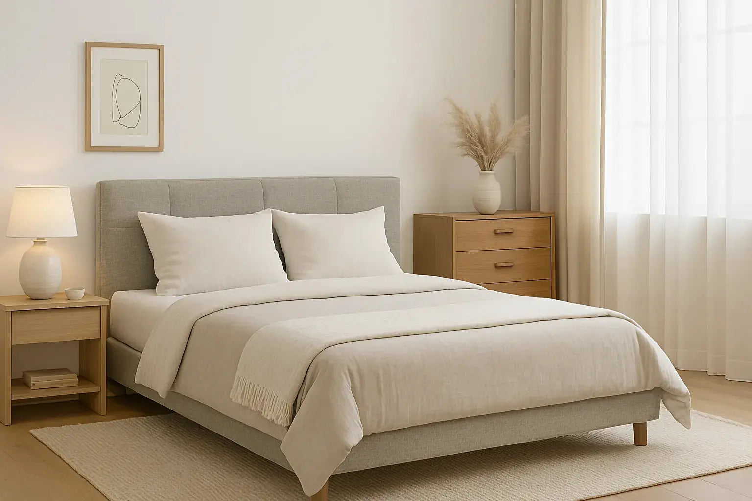 Dormitorio moderno con cama gris claro, decoración neutra y luz natural suave