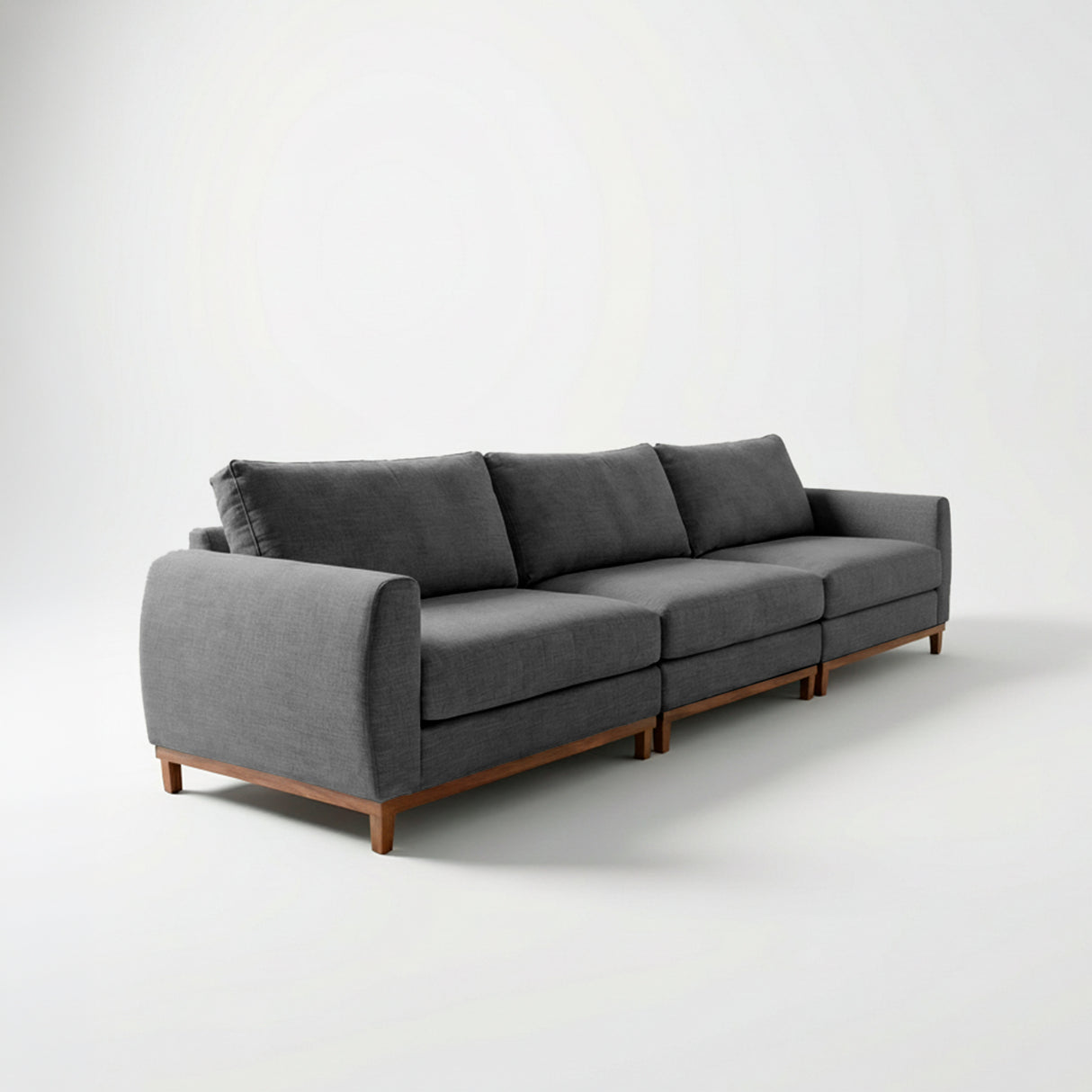 Sofá de tres cuerpos, tela lino, color gris oscuro.