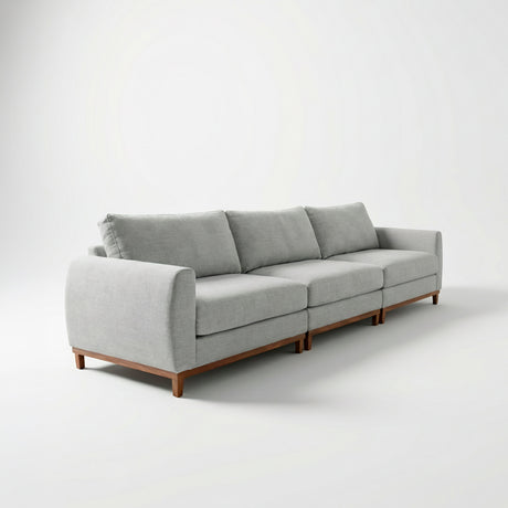 Sofá de tres cuerpos, tela lino, color gris claro.