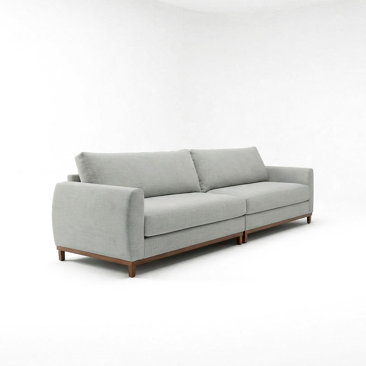 Sofá de dos cuerpos, tela lino, color gris claro.