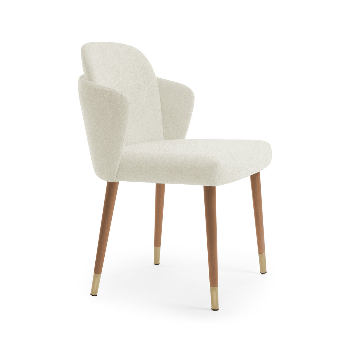 Silla con respaldo curvo, patas de madera con detalles en acero.