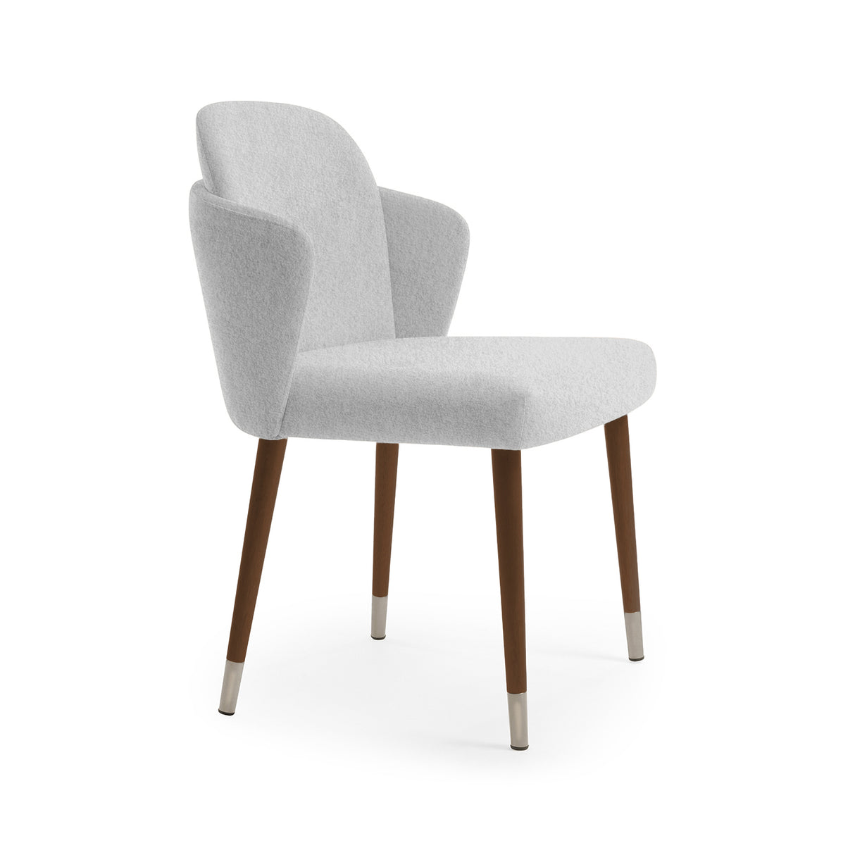 Silla con respaldo curvo, patas de madera con detalles en acero.