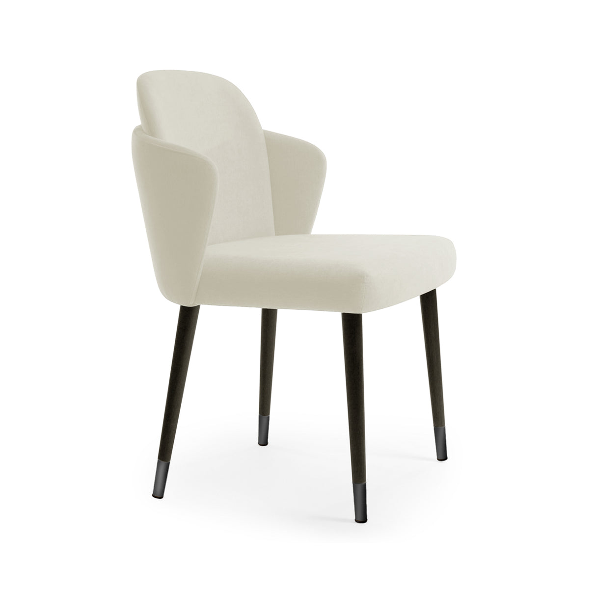 Silla con respaldo curvo, patas de madera con detalles en acero.