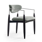 Silla acolchada de madera con brazo de acero color gris y negro.