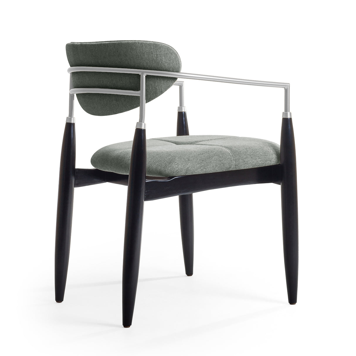 Silla acolchada de madera con brazo de acero color gris y negro.