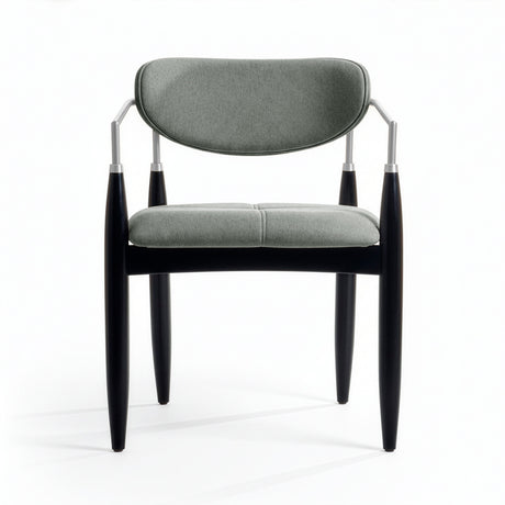 Silla acolchada de madera con brazo de acero color gris y negro.