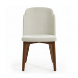 Silla acolchada con respaldo y patas de madera y detalle en ecocuero.