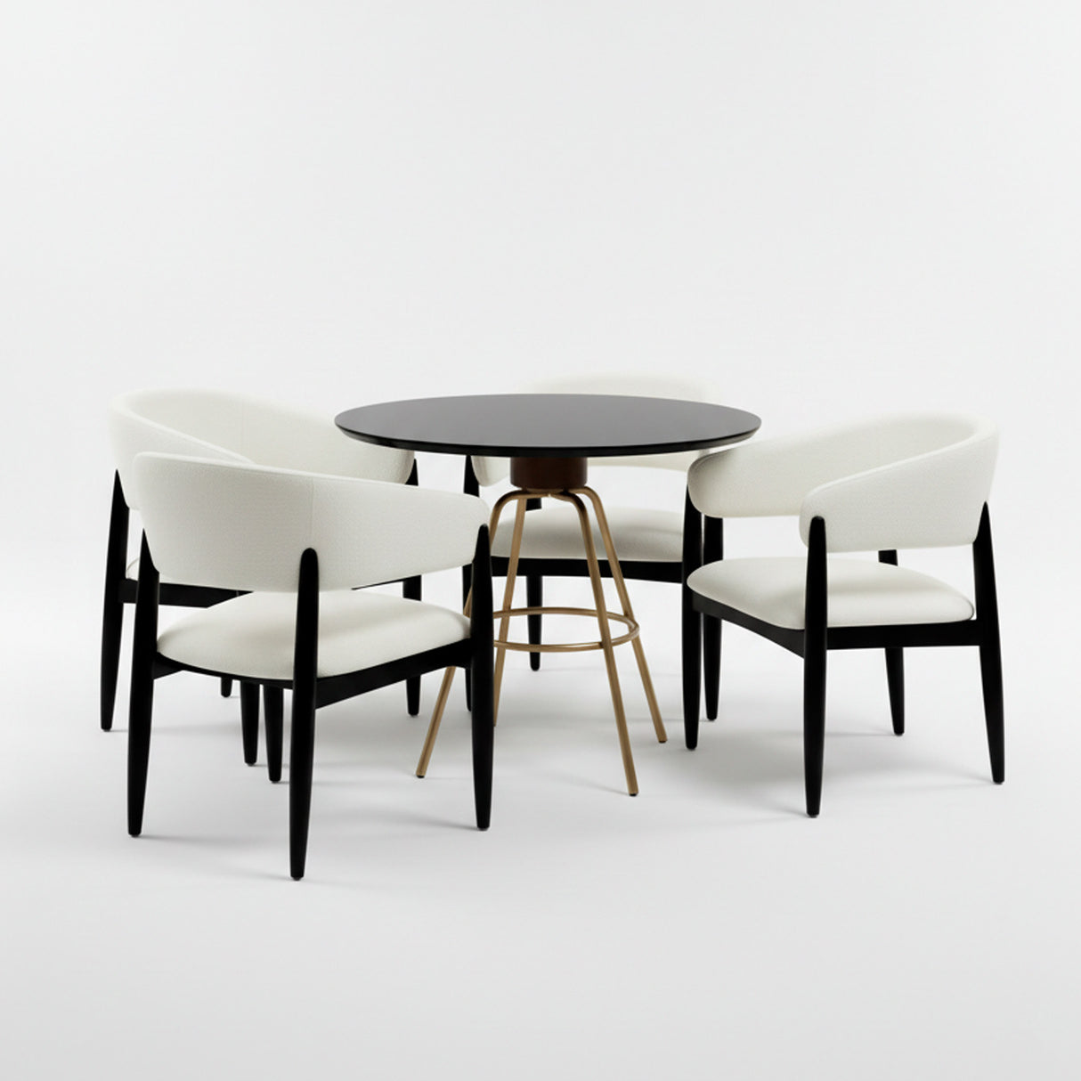 Set de mesa de comedor circular color negro con juego de cuatro sillas color blanco.