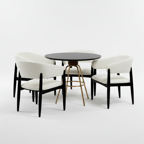 Set de mesa de comedor circular color negro con juego de cuatro sillas color blanco.