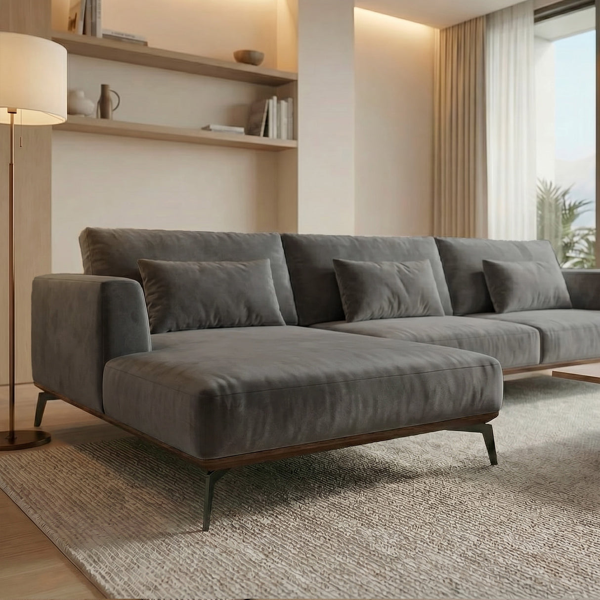 Sofá Seccional 3 Cuerpos Palace con Chaise Longue Izquierdo Tela Gris Oscuro - 3.36m a Confección