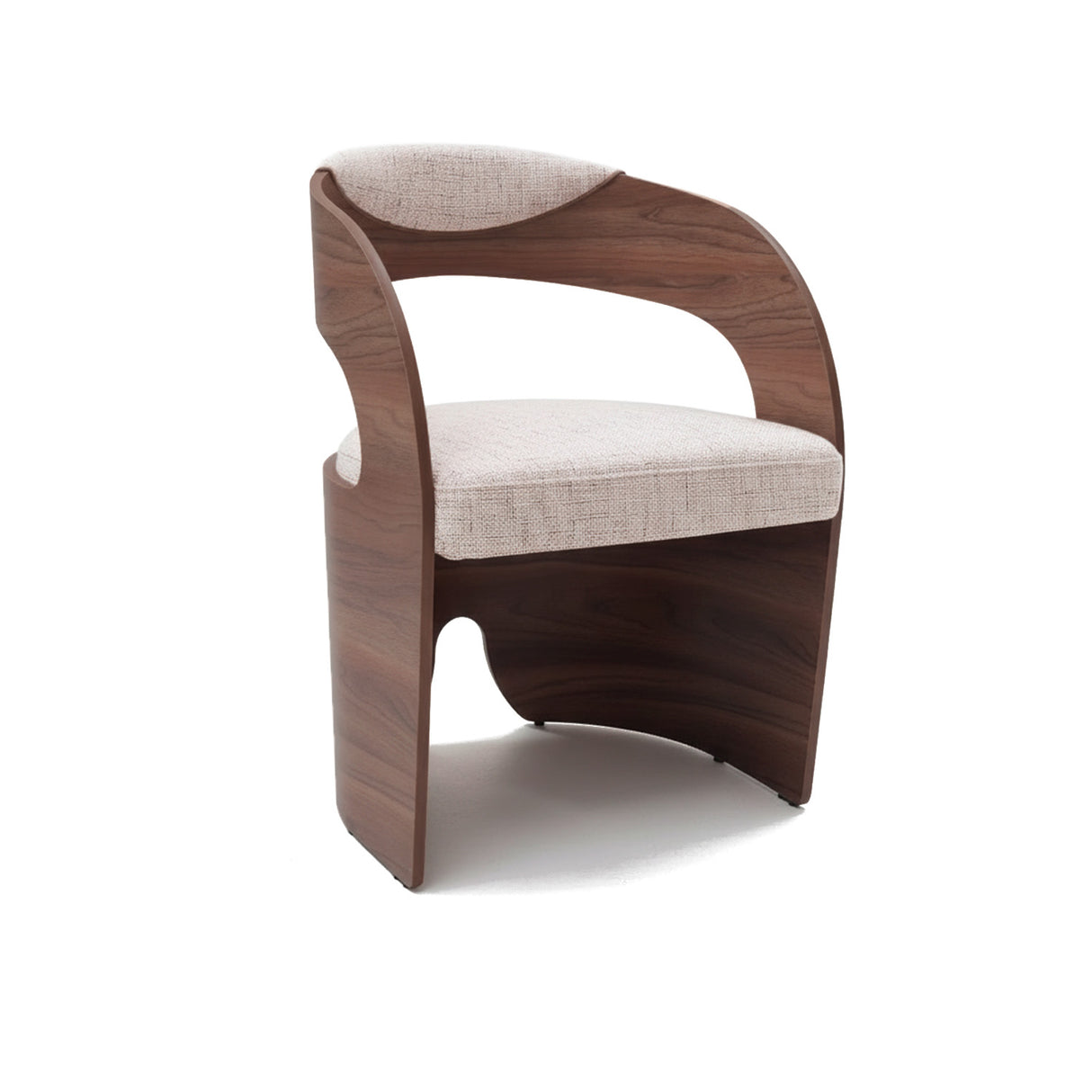 Poltrona de lino color beige con madera color nogal