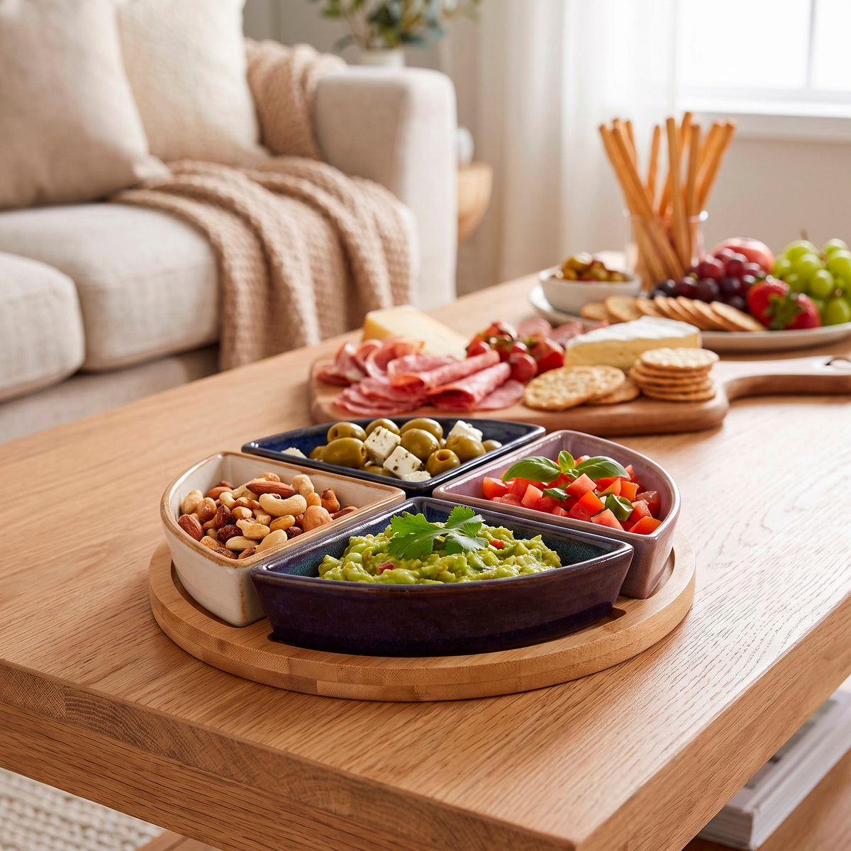 Set 4 bowls de cerámica triángulo + bandeja