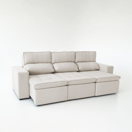 Sofá extensible y reclinable de 3 cuerpos tela chenille color crema