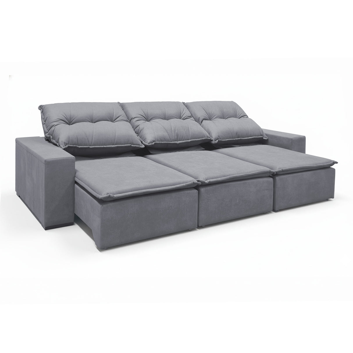 Sofá extensible de 3 cuerpos, con tela lino y de 3 cuerpos en 3/4 extendido.