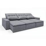 Sofá extensible de 3 cuerpos, con tela lino y de 3 cuerpos en 3/4 extendido.