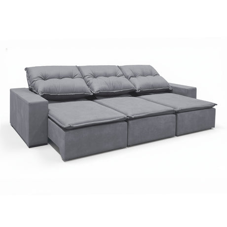 Sofá extensible de 3 cuerpos, con tela lino y de 3 cuerpos en 3/4 extendido.