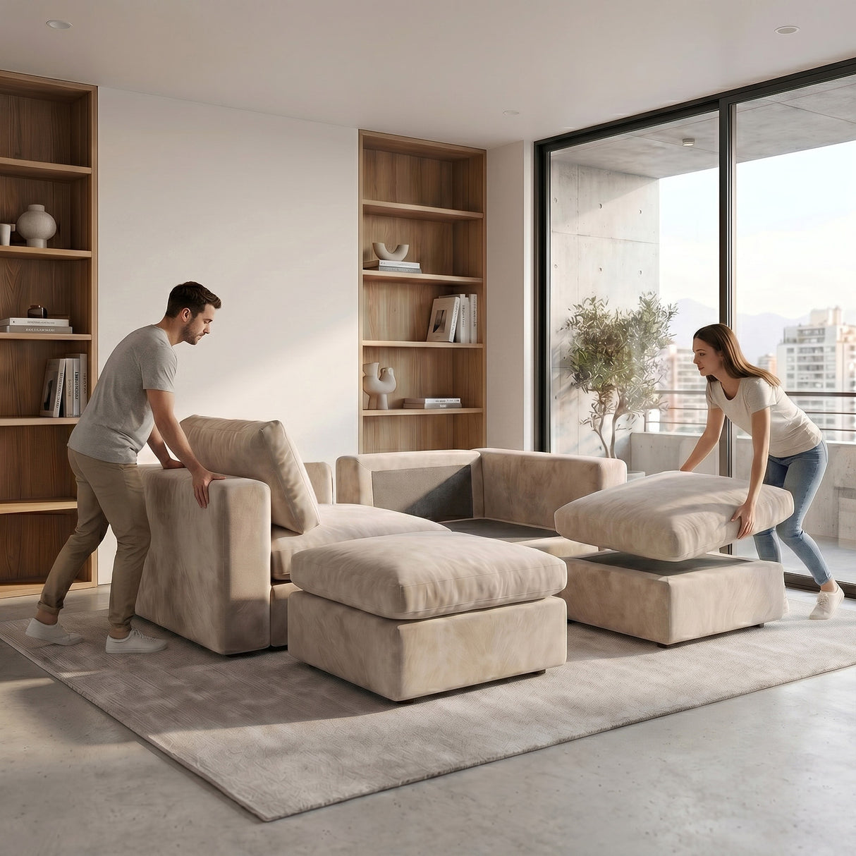 Sofa Modular 2 Cuerpos con 2 Poufs Conecta