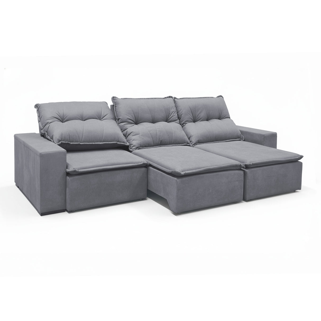 Sofá extensible de 3 cuerpos, con tela lino y de 3 cuerpos en 3/4 extendido.