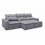 Sofá extensible de 3 cuerpos, con tela lino y de 3 cuerpos en 3/4 extendido.