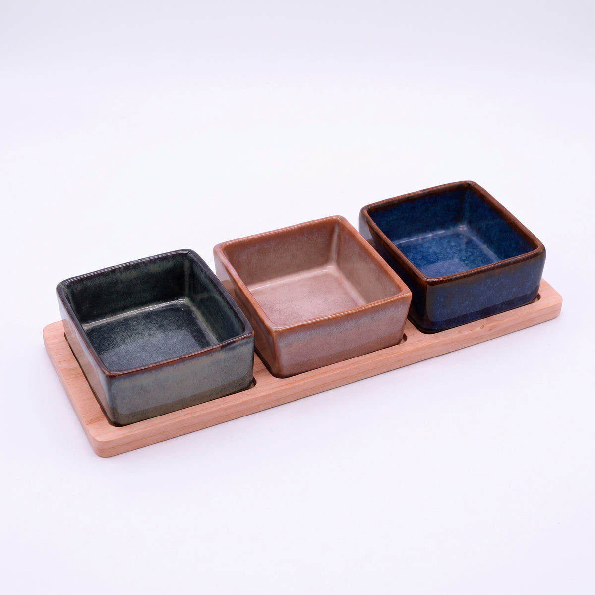 Set 3 bowls de cerámica cuadrados y bandeja