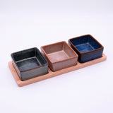Set 3 bowls de cerámica cuadrados y bandeja