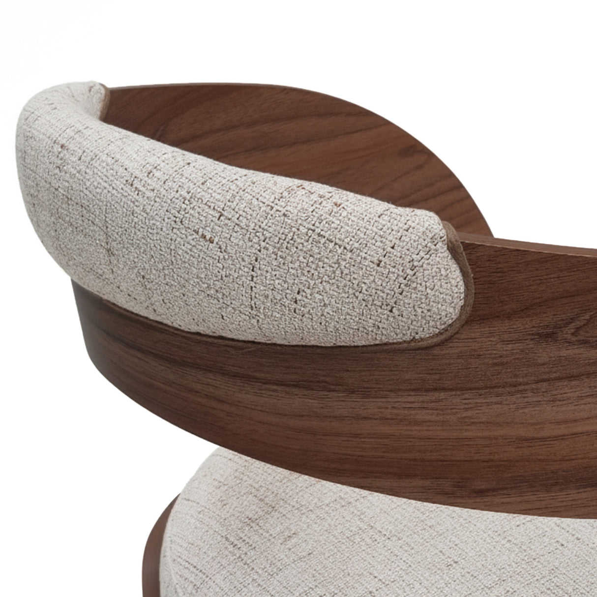 Poltrona de lino color beige con madera color nogal