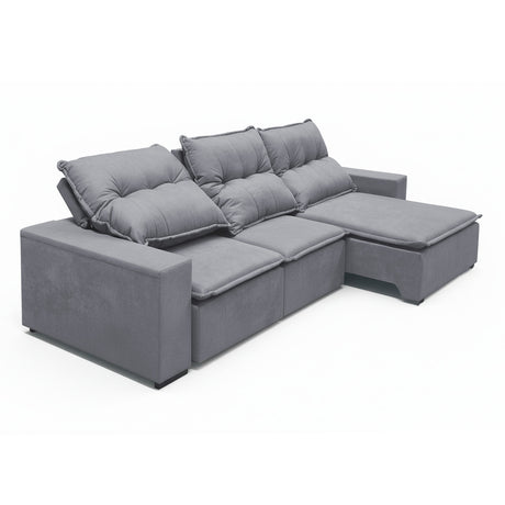 Sofá extensible de 3 cuerpos, con tela lino y de 3 cuerpos en 3/4 extendido.