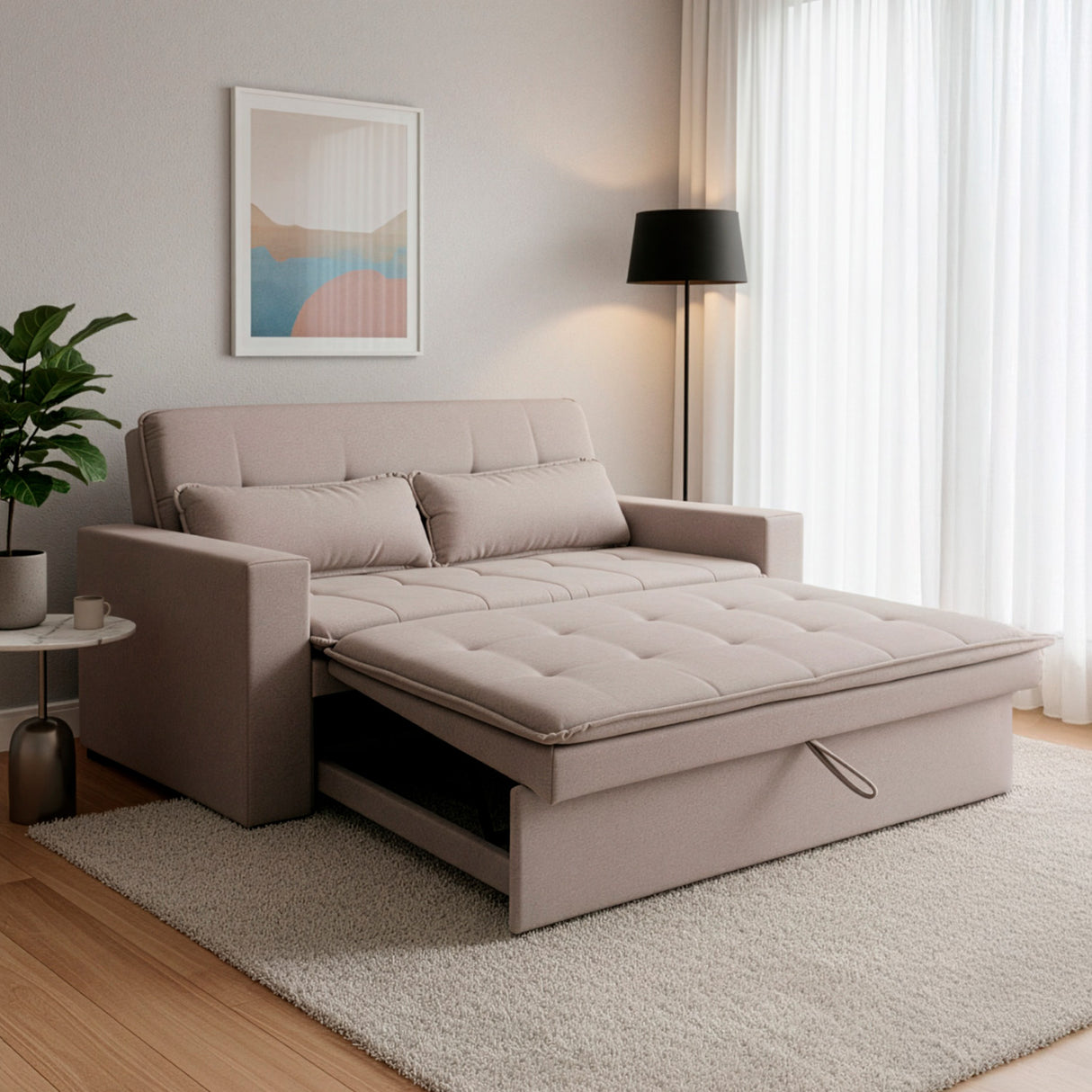 Sofá cama 2 cuerpos Londres con tela chenilla color café claro