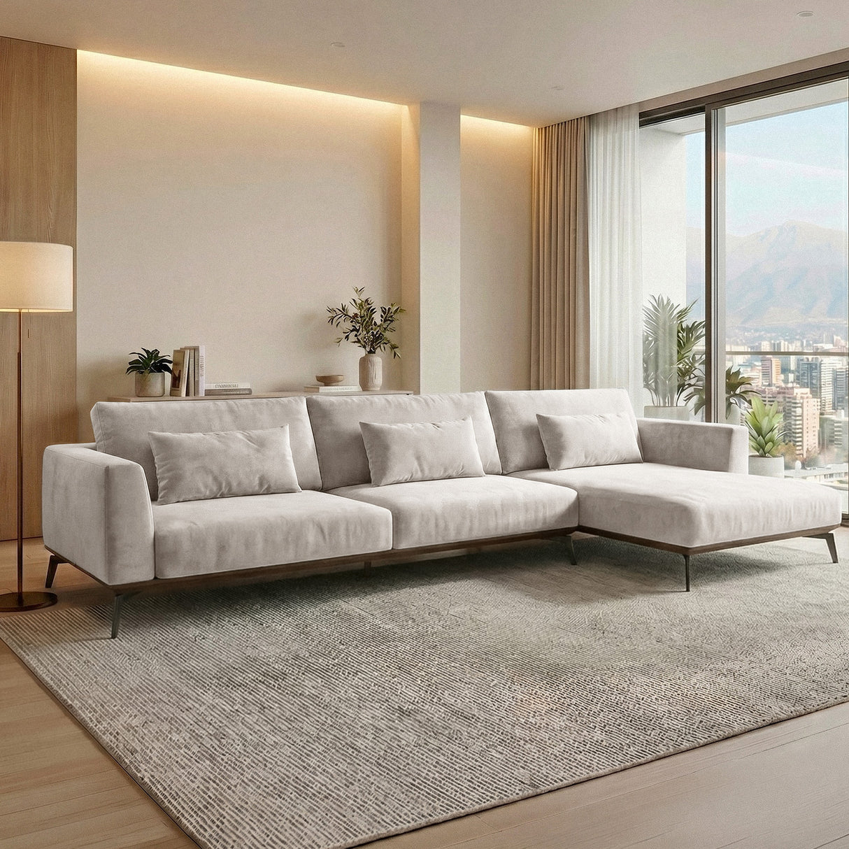 Sofá Seccional 3 Cuerpos Palace con Chaise Longue Derecho Tela Beige - 3.06m a Confección