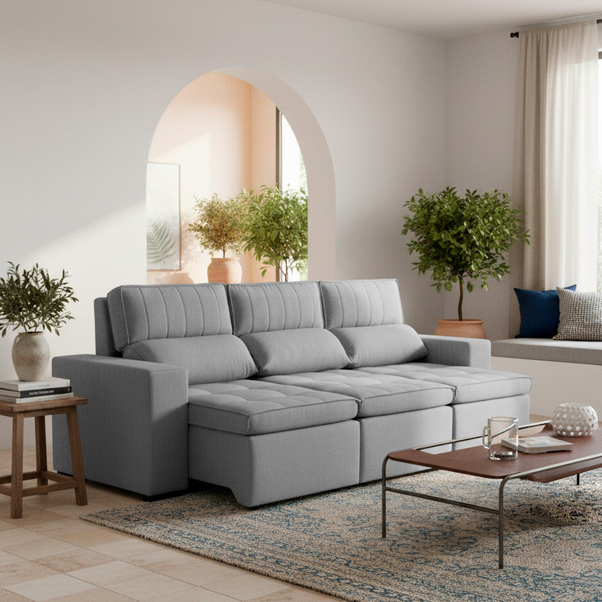 Sofá extensible y reclinable de 3 cuerpos tela chenille color gris