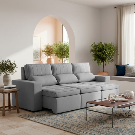 Sofá extensible y reclinable de 3 cuerpos tela chenille color gris