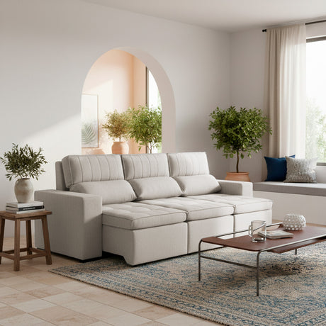 Sofá extensible y reclinable de 3 cuerpos tela chenille color crema