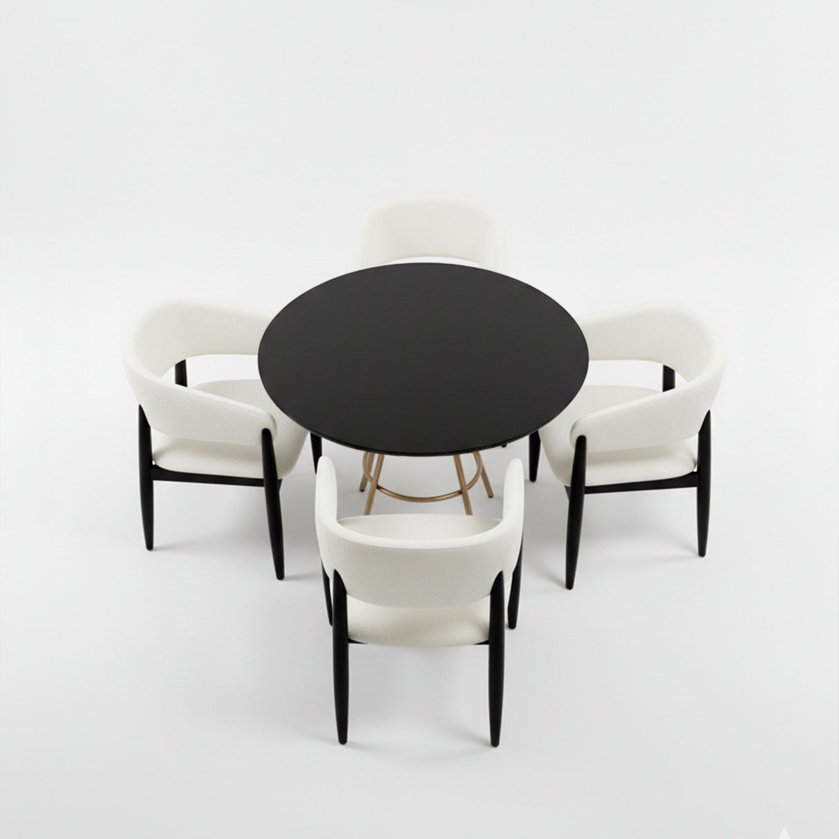 Set de mesa de comedor circular color negro con juego de cuatro sillas color blanco.