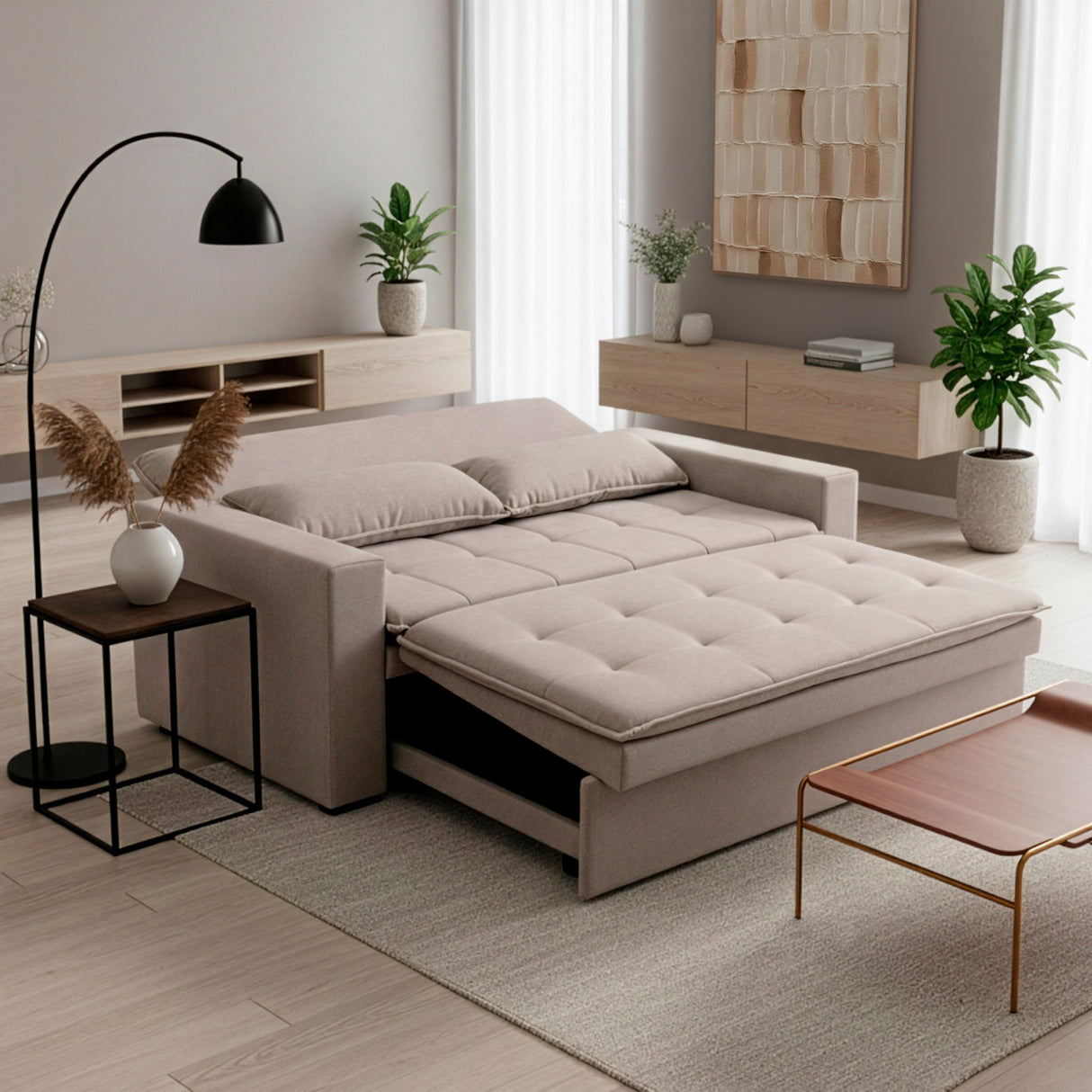 Sofá cama 2 cuerpos Londres con tela chenilla color café claro