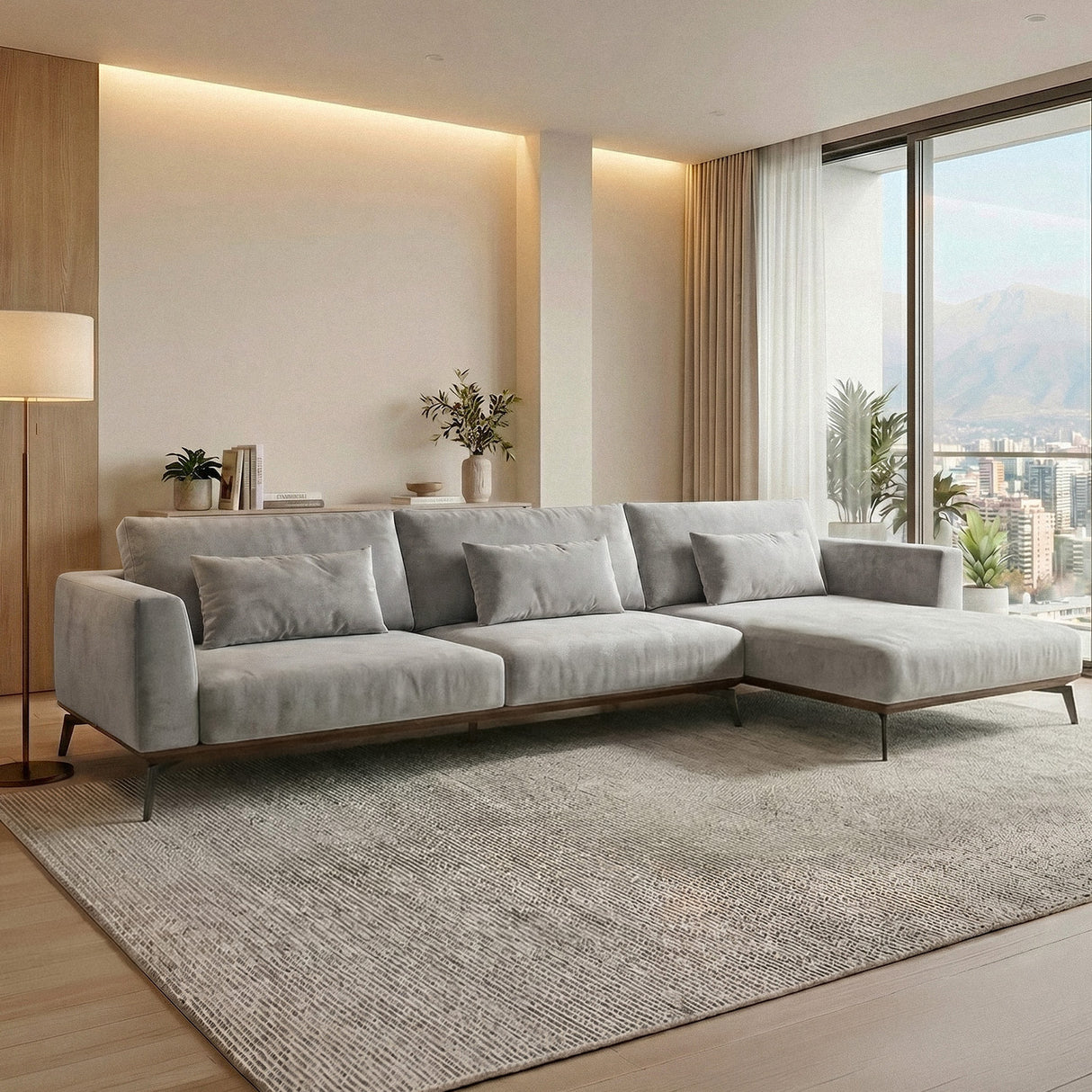 Sofá Seccional 3 Cuerpos Palace con Chaise Longue Derecho Tela Gris - 3.06m a Confección