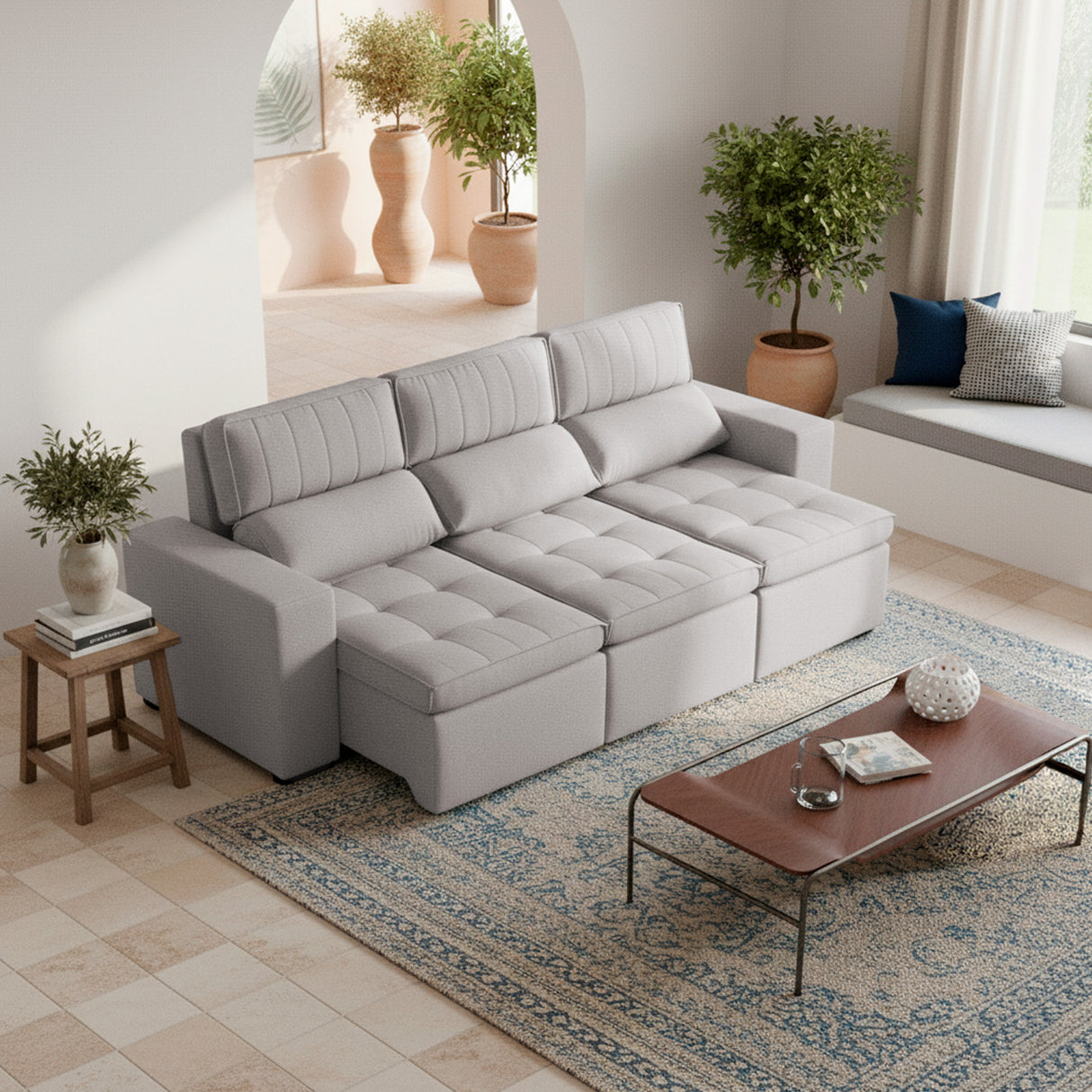 Sofá extensible y reclinable de 3 cuerpos tela chenille color café