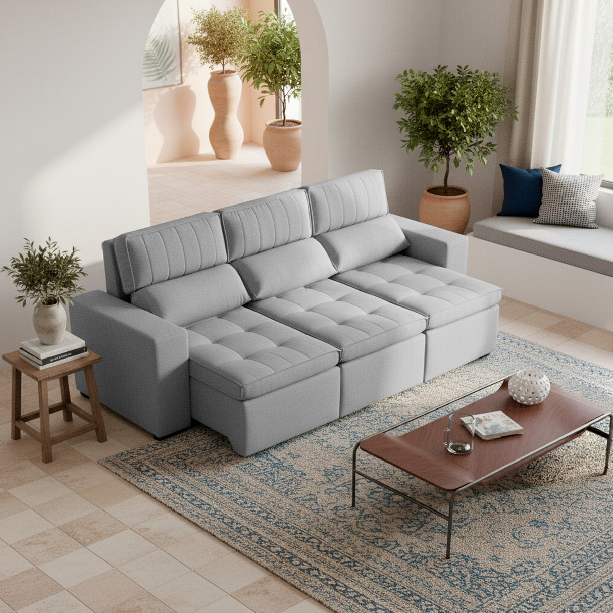 Sofá extensible y reclinable de 3 cuerpos tela chenille color gris