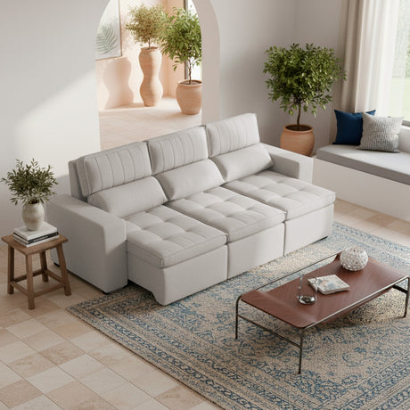 Sofá extensible y reclinable de 3 cuerpos tela chenille color crema