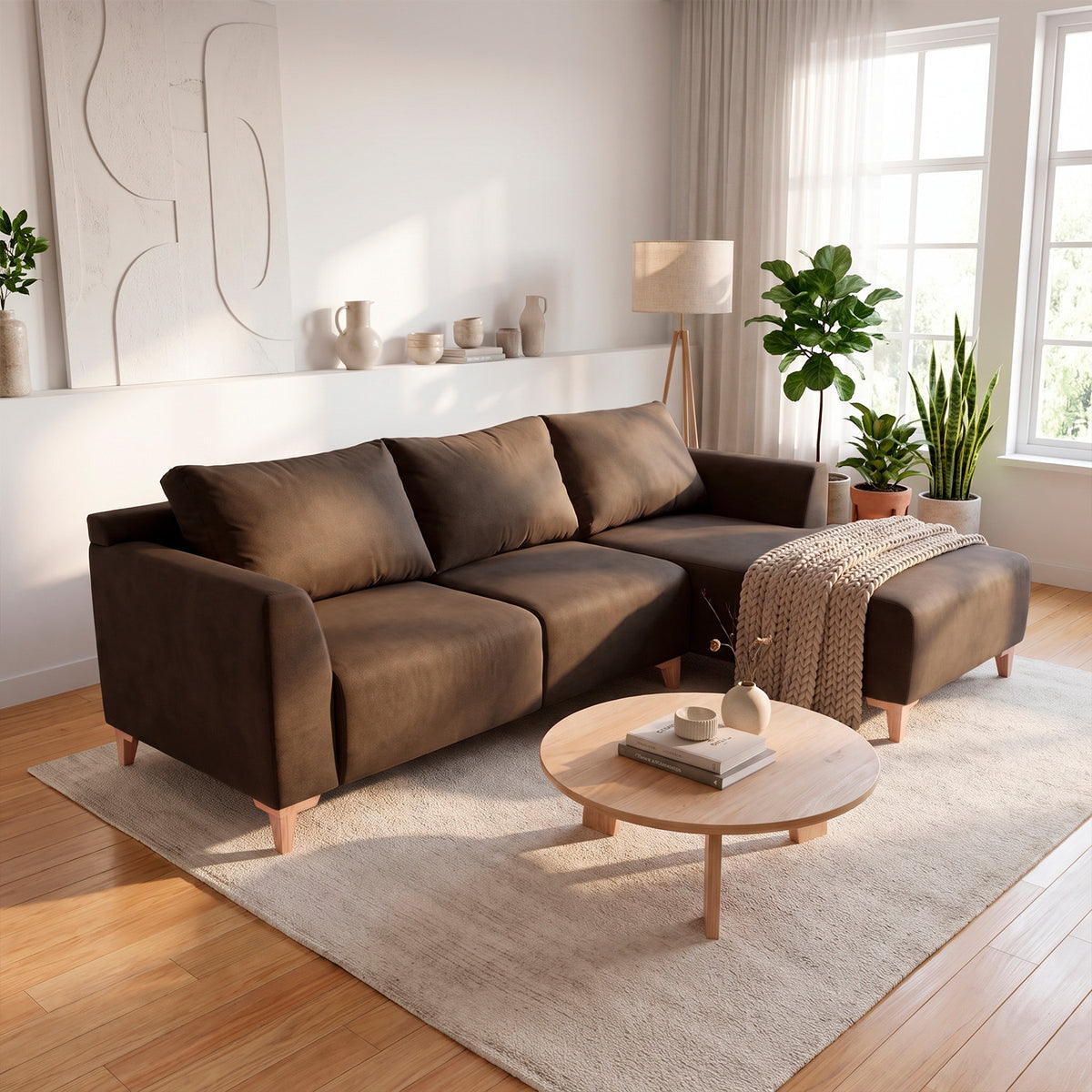 Sofá Arami con chaise longue derecho Tela marrón oscuro - 2.45mt stock