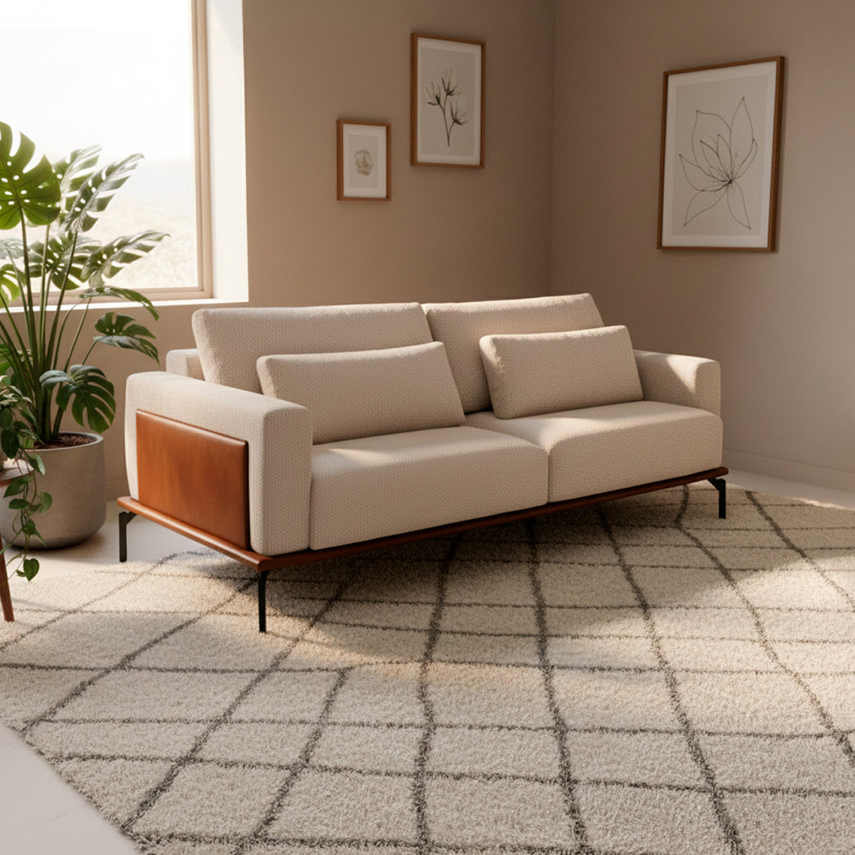 Sofá de dos cuerpos con detalles en eco cuero color chocolate