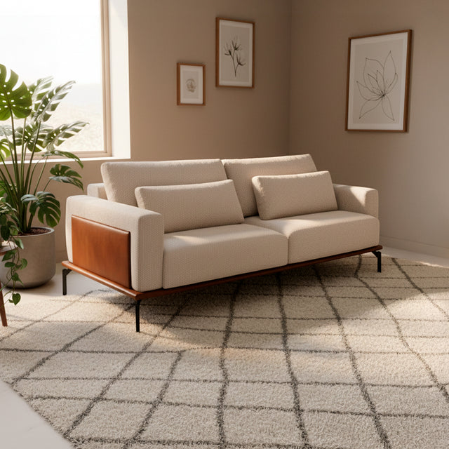 Sofá de dos cuerpos con detalles en eco cuero color chocolate