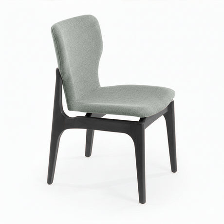 Silla de madera con asiento y respaldo acolchado ergonómico color gris oscuro.